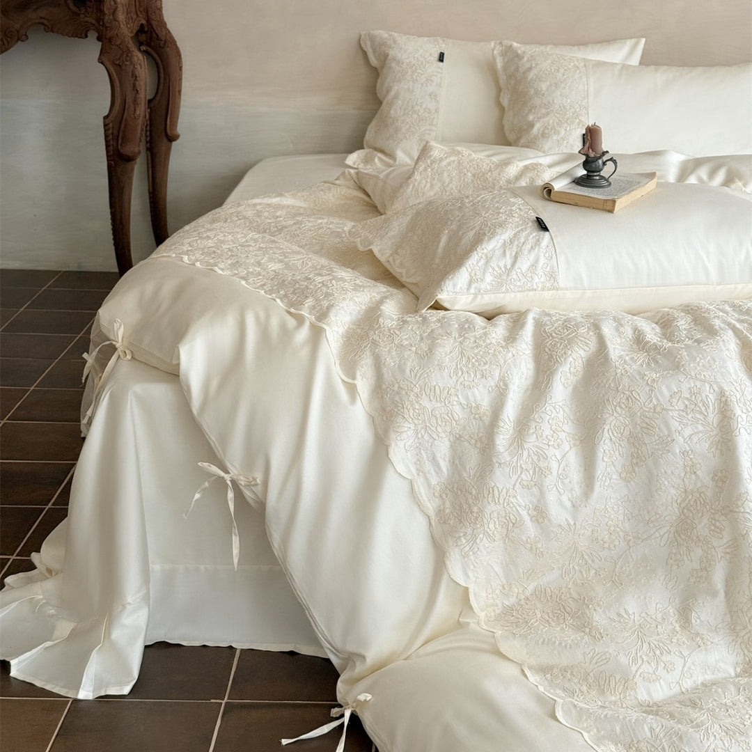 Luxury Embroidered Scalloped-Edge Duvet Cover Set with Bedskirt and Ribbon-Tie Shams