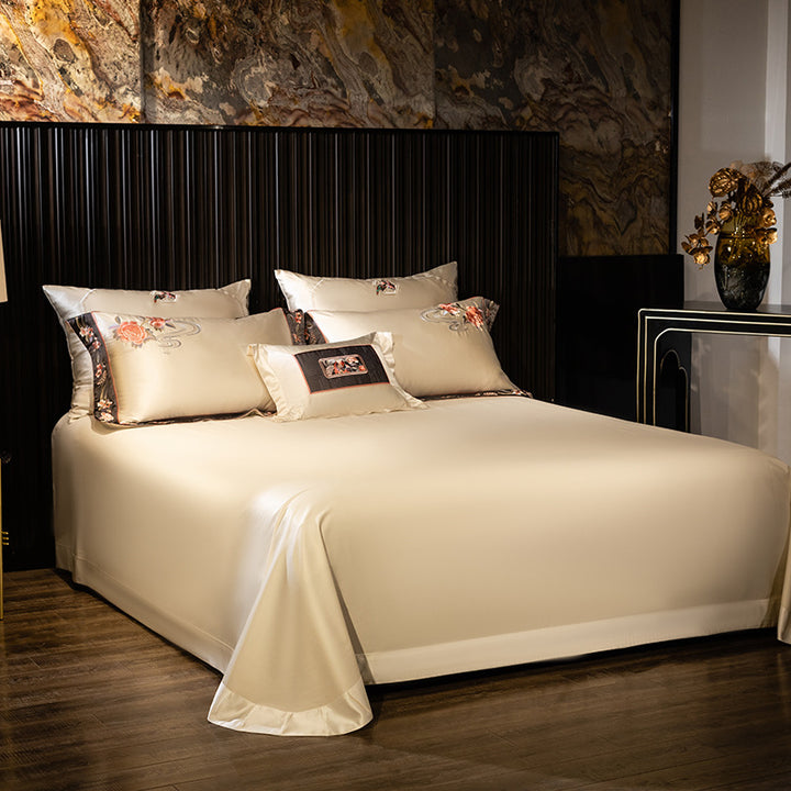 Luxurious Embroidered Satin Duvet Cover Set with Floral Border and Decorative Pillowcases