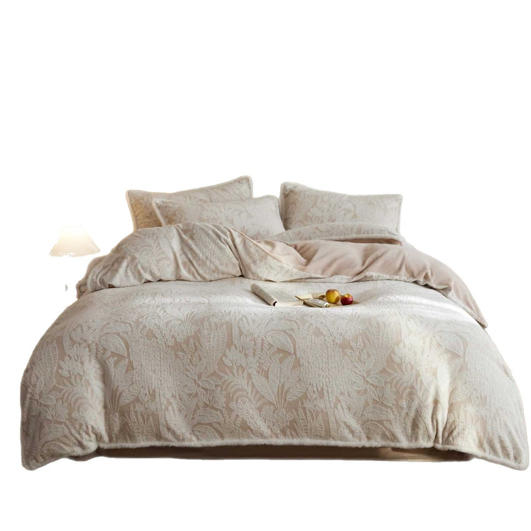 Botanical Jacquard Quilted Cotton-Blend Duvet Cover Set with Brushed Microfleece Reverse and Piped Pillow Shams
