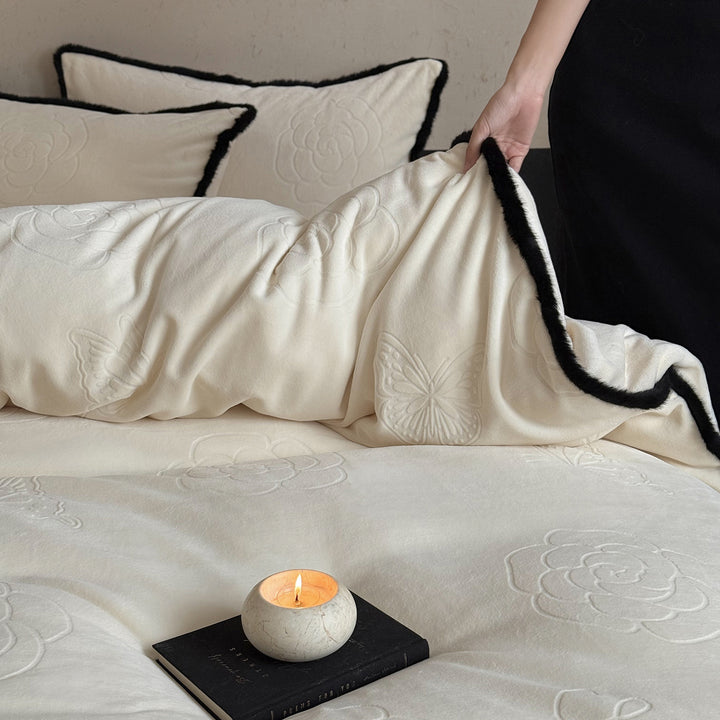 Embossed Velvet-Feel Duvet Cover Set with Contrasting Black Faux-Fur Piping and Decorative Pillow Shams