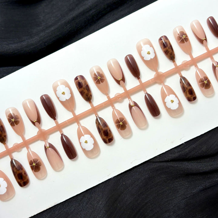 Artistic Press-On Nail Set with Floral and Animal Accents