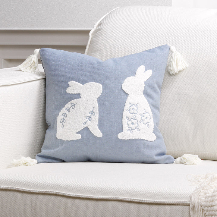 Decorative Lumbar Pillow Cover with Tufted Bunny Appliqués and Corner Tassels