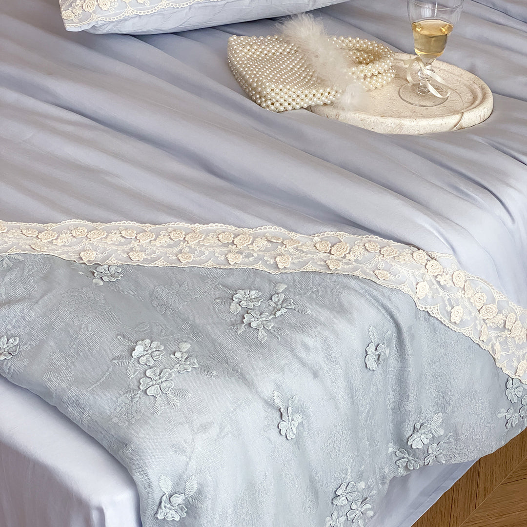 Embroidered Luxury Cotton Duvet Cover Set with Lace Trim