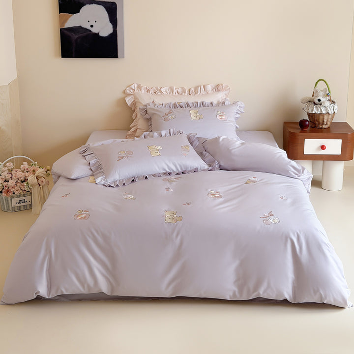 Ruffled Embroidered Cotton Sateen Duvet Cover Set with Decorative Pillowcases