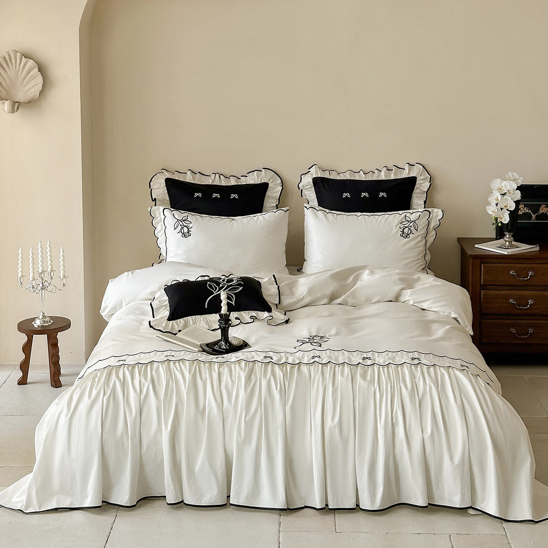 Ruffled Gathered Duvet Cover Set with Contrast Piped Edge & Decorative Embroidered Shams