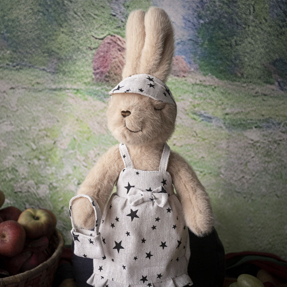 Handcrafted Plush Rabbit Toy with Star-Print Linen Overalls and Visor