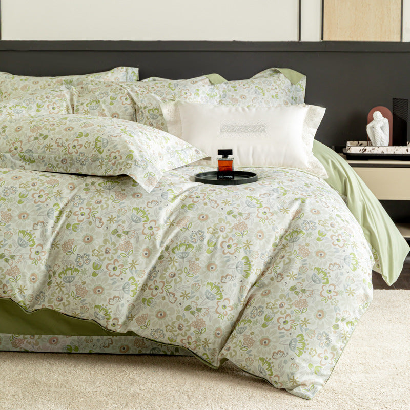 Luxurious cotton satin duvet cover set with watercolor flower pattern