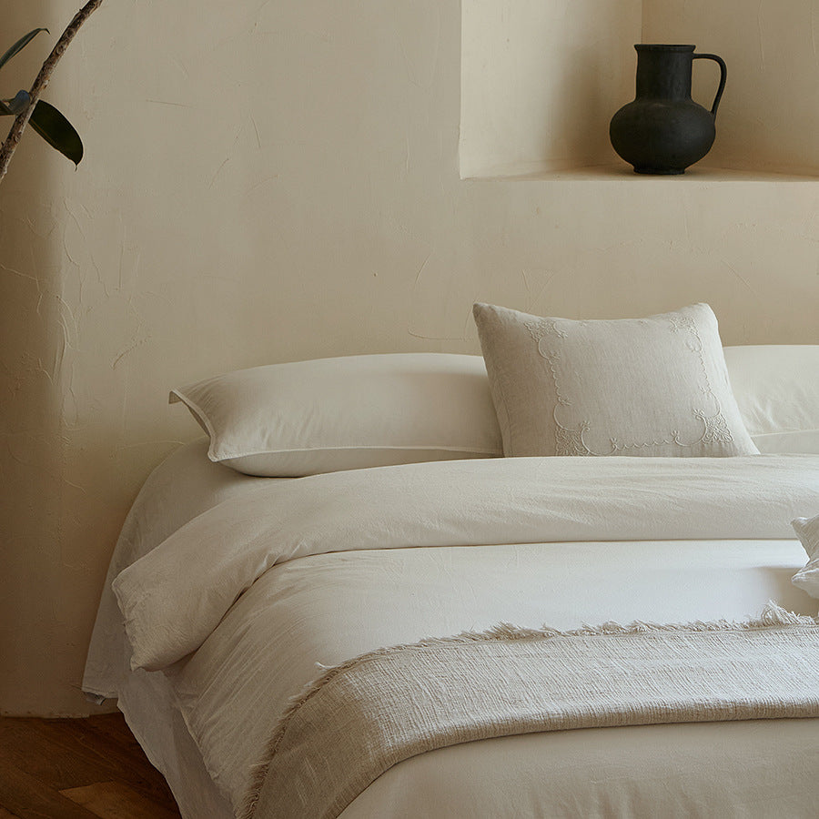 Washed Linen-Blend Duvet Cover Set with Embroidered Accent Cushion & Deep-Pocket Fitted Sheet