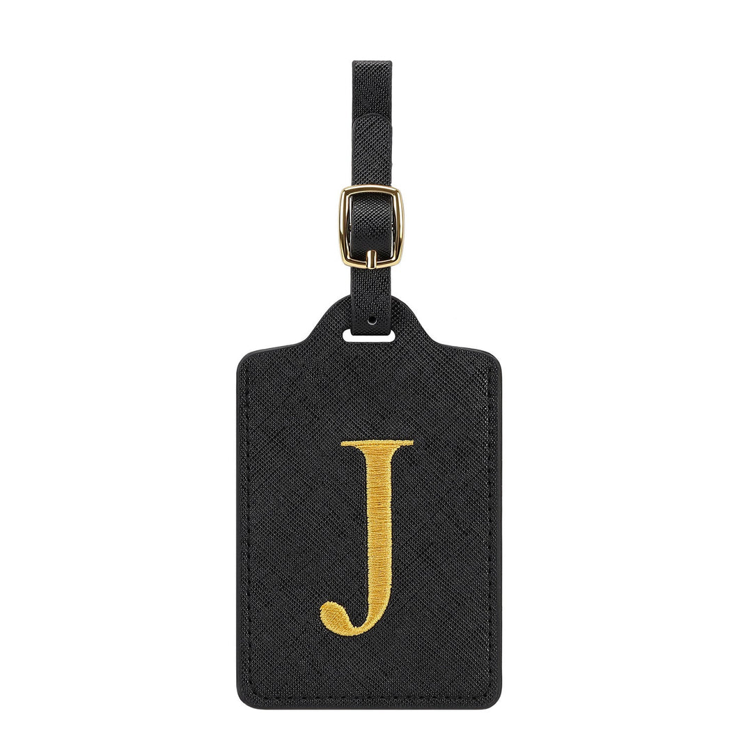 embroidered initial monogram leather luggage tag with adjustable buckle strap Stornfield