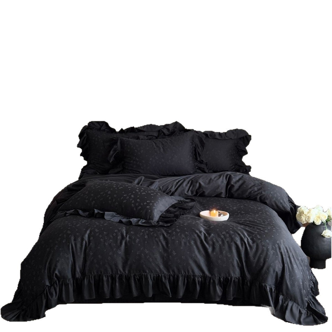 Frilled Jacquard Microfloral Duvet Cover Set with Ruffled Hem and Envelope Shams