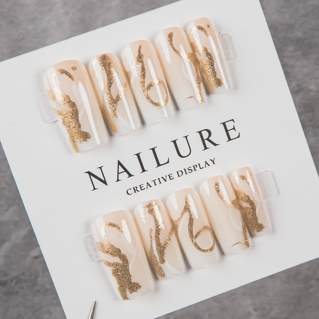 Decorative Press-On Nail Art Set with Gold Accents