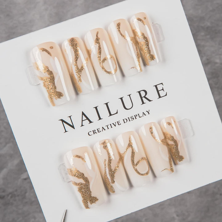 Decorative Press-On Nail Art Set with Gold Accents
