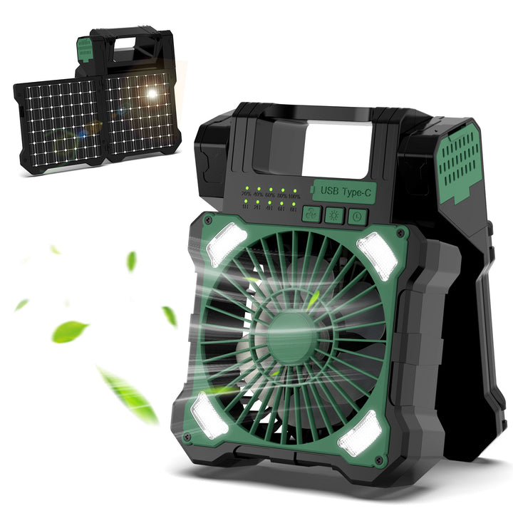 Cooling portable solar camping fan with USB-C power bank and integrated LED work light Stornfield