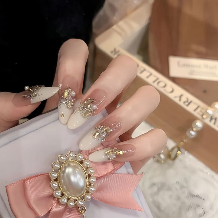 Artistic Press-On Nail Set with Pearl and Gem Accents