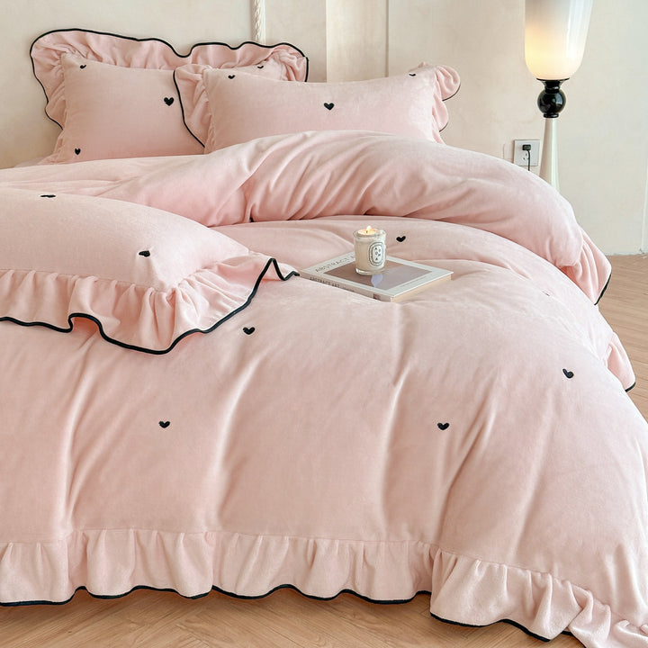 Romantic bedding set with ruffle, velvety soft microfleece surface and embroidered hearts