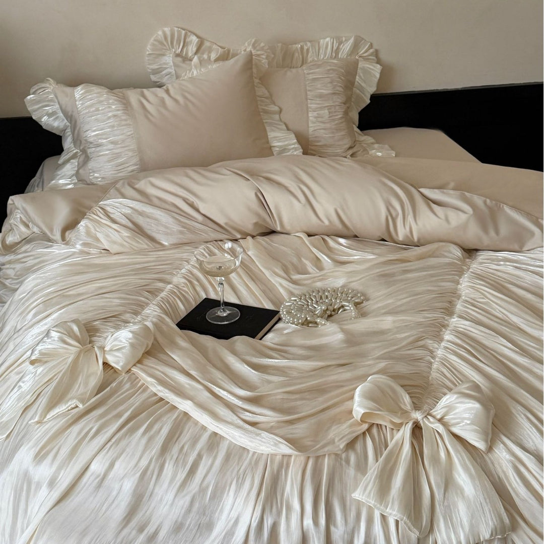 Romantic Ruffled Satin Bedspread with Bows and Gathered Edge