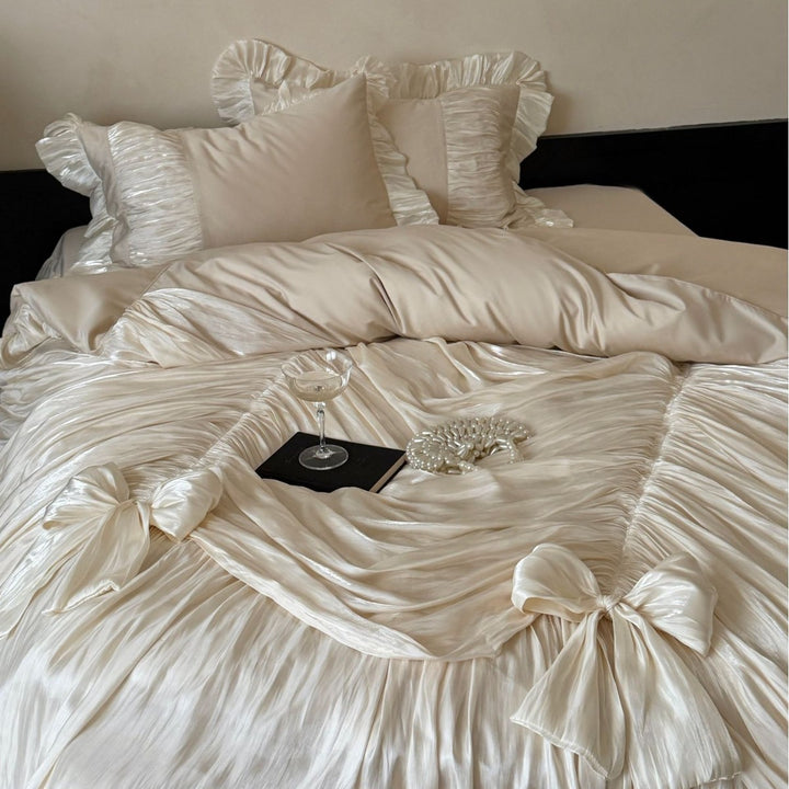 Romantic Ruffled Satin Bedspread with Bows and Gathered Edge