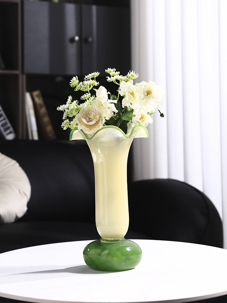 Handblown Fluted Pedestal Art Glass Trumpet Vase Stornfield