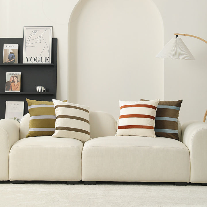 Square velvet decorative cushion with contrasting stripes and hidden zipper