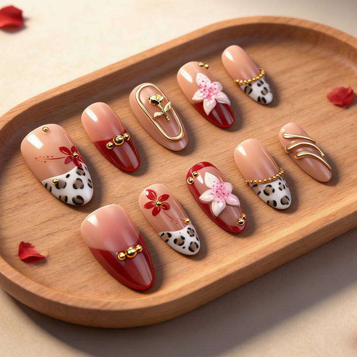 Artistic Decorative Press-On Nail Art Set with Floral and Leopard Patterns Stornfield