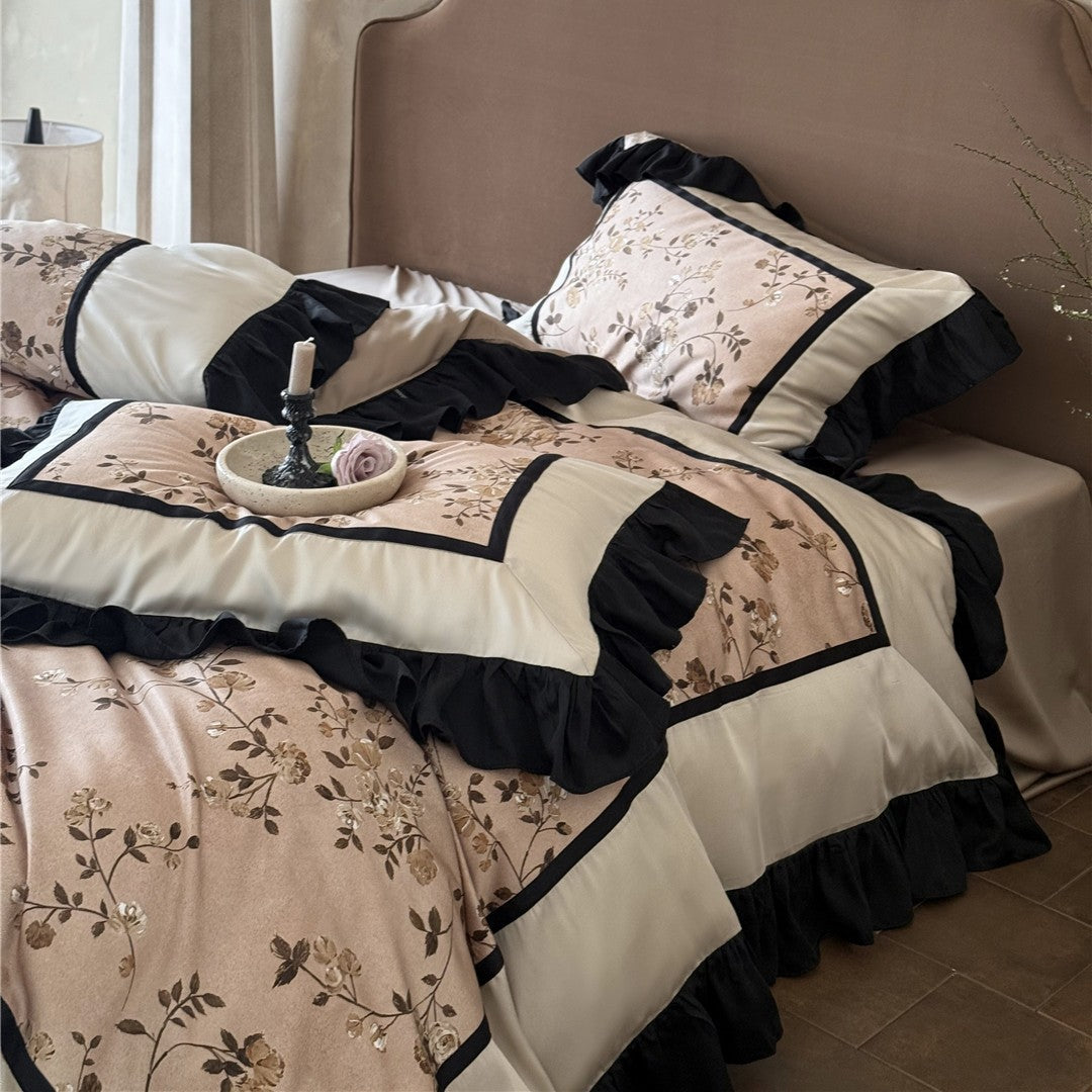 Victorian-Style Ruffled Floral Duvet Cover Set with Pleated Satin Border and Decorative Shams
