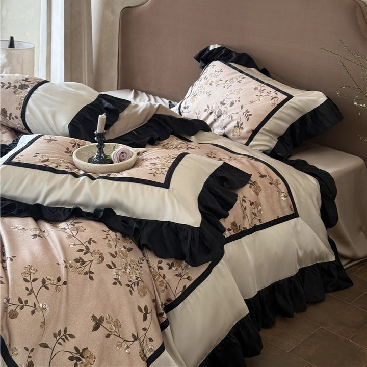 Victorian-Style Ruffled Floral Duvet Cover Set with Pleated Satin Border and Decorative Shams