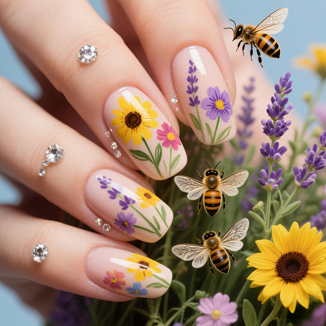 Glittering artificial nails with floral patterns Stornfield