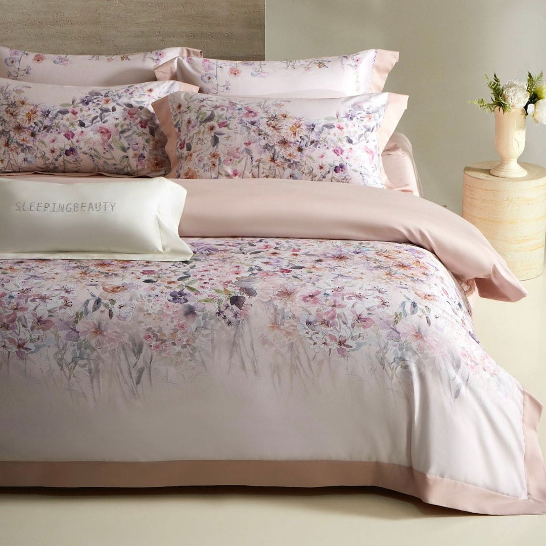 Luxury Floral Cotton Sateen Duvet Cover Set with Contrast Hem and Pillow Shams