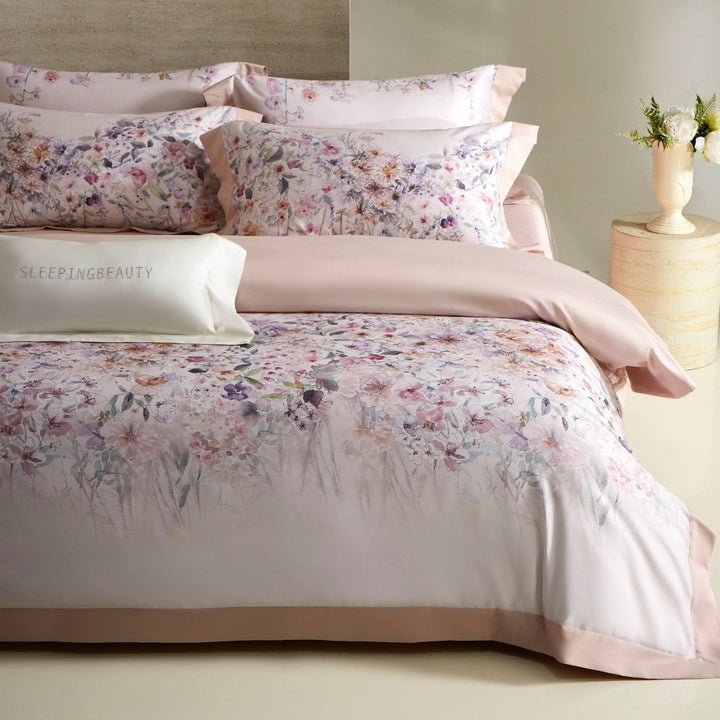Luxury Floral Cotton Sateen Duvet Cover Set with Contrast Hem and Pillow Shams