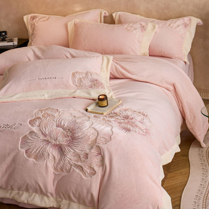 Plush Embroidered Peony Velvet Duvet Cover Ensemble