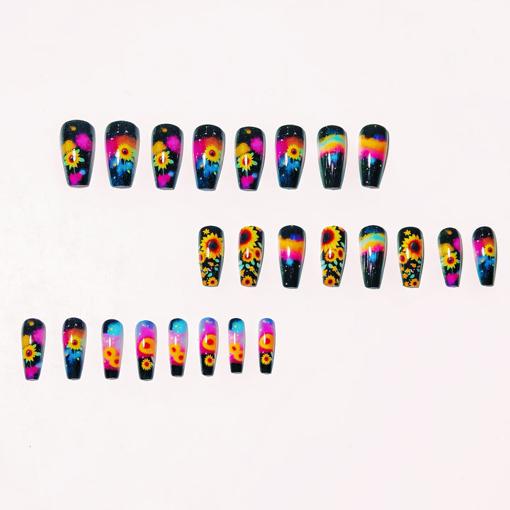 Artificial nails in creative sunflower and galaxy design Stornfield