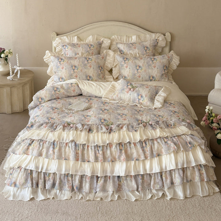 Romantic Layered Ruffled Floral Duvet Cover Set with Satin-Trim Pillow Shams