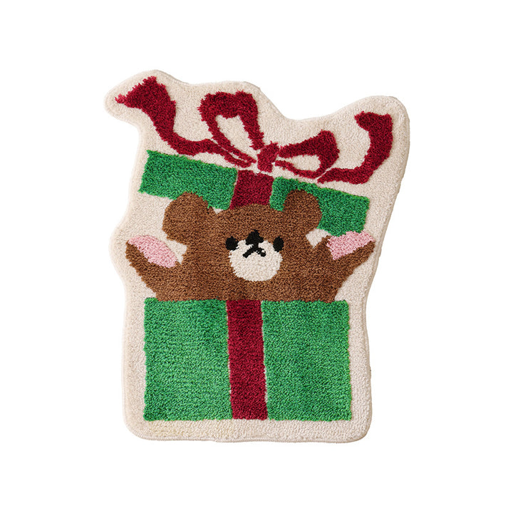Shaped high pile bath mat with gift bear motif and non-slip backing