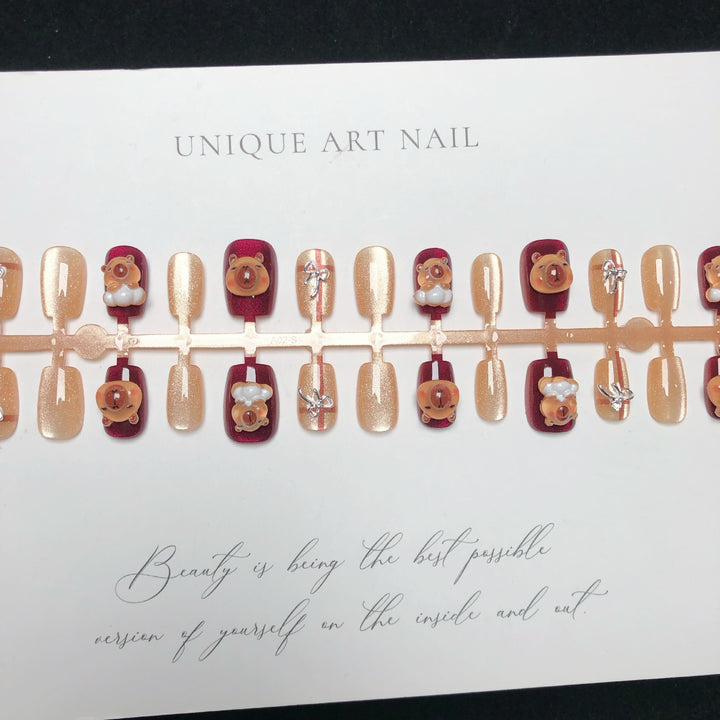 Artistic Bear-Themed Press-On Nails