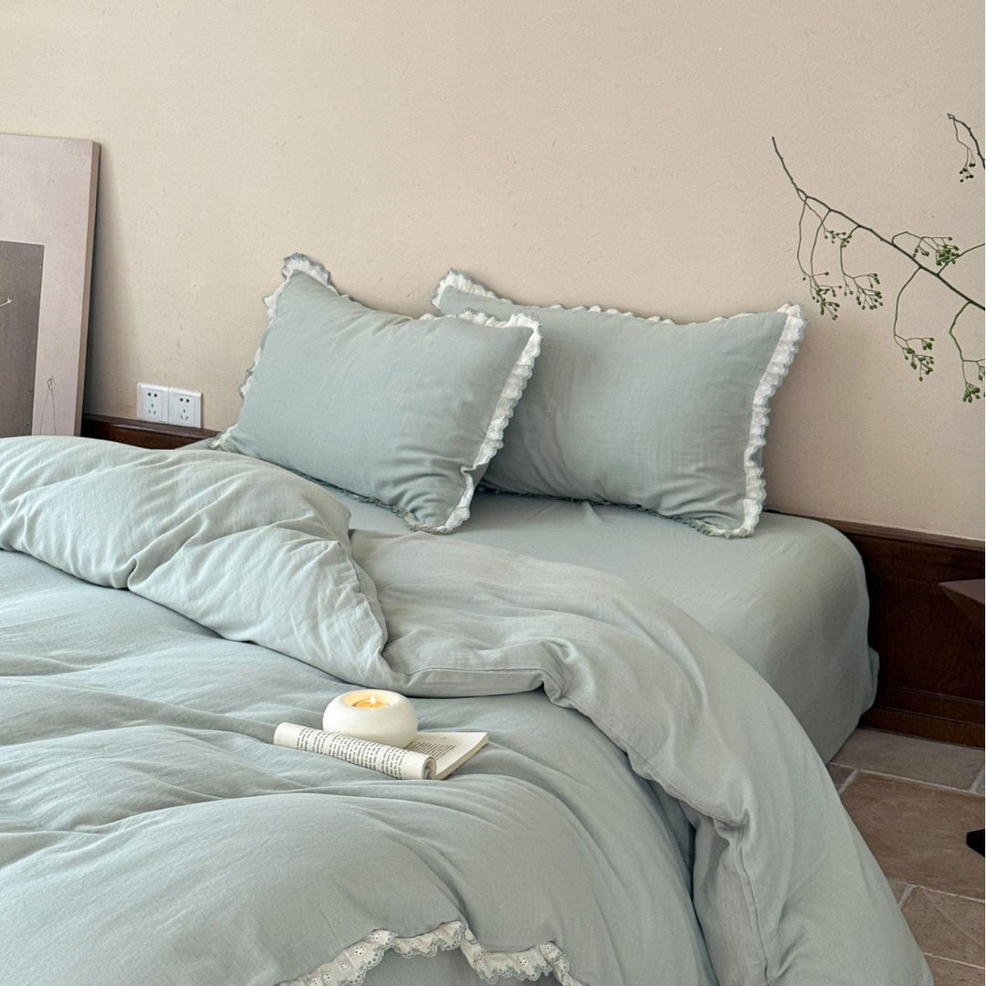 Ruffled Lace-Trim Washed Cotton Duvet Cover Set with Pillow Shams
