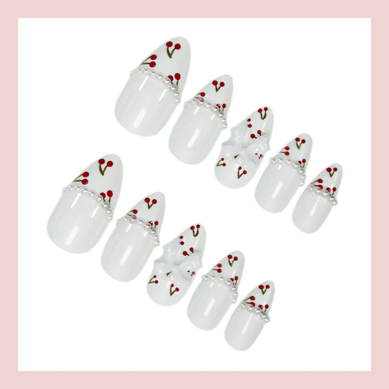 Artificial nail set with floral cherry motifs and elegant ribbons Stornfield
