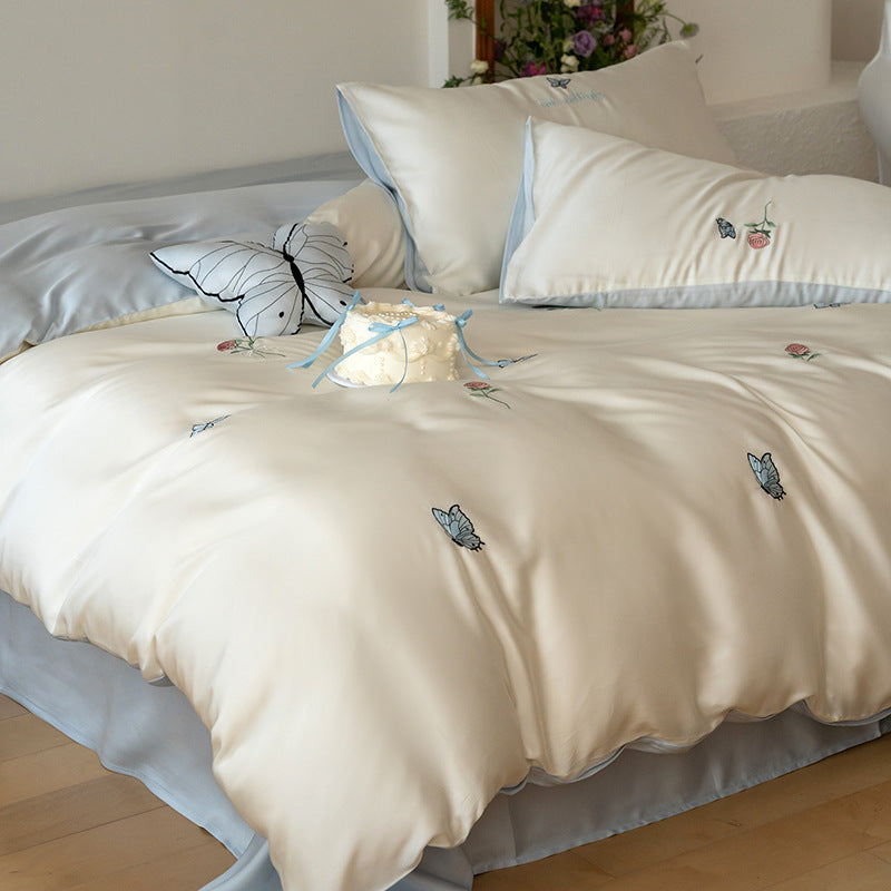 Silky bedding set with butterfly and rose embroidery