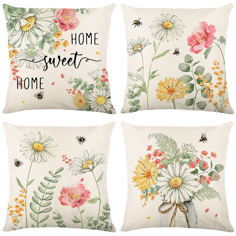 Square Cotton-Linen Throw Pillow Cover with Watercolor Daisies Bee Illustration & 'Home Sweet Home' Script