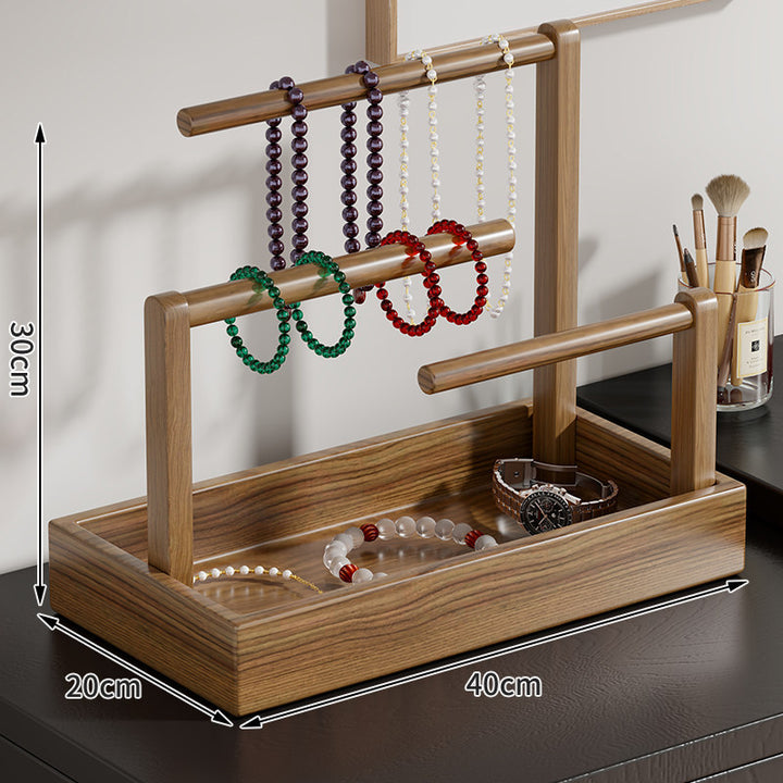 Wooden Jewelry Organizer with Dual Hanging Rails and Deep Storage Tray