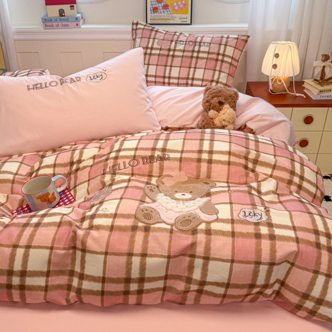 Plaid Embroidered Teddy Cotton Duvet Cover & Pillowcase Set with Appliqué