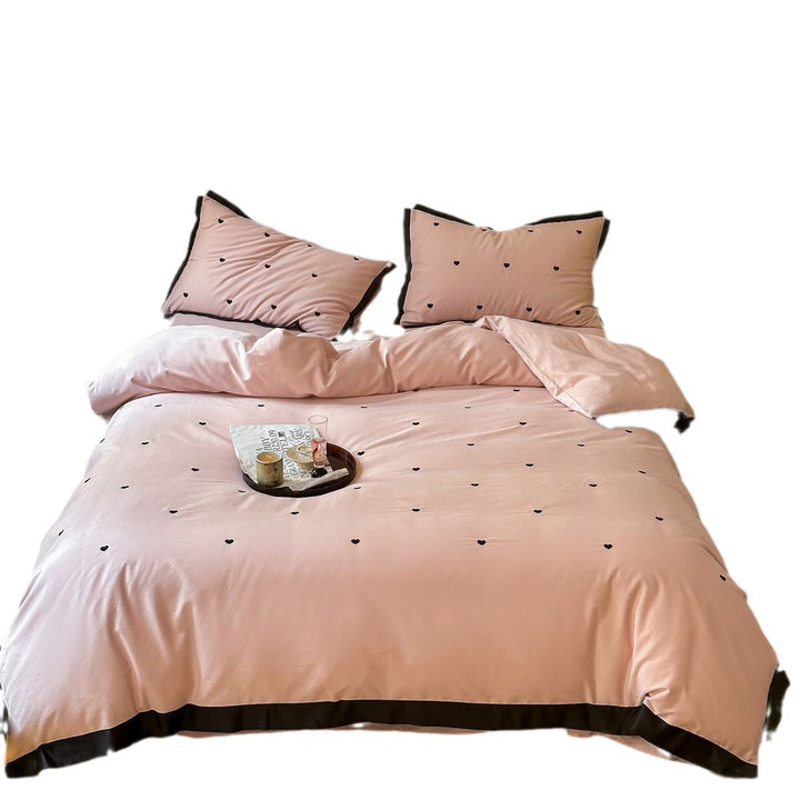 Heart-Embroidered Cotton Duvet Cover Set with Contrasting Border