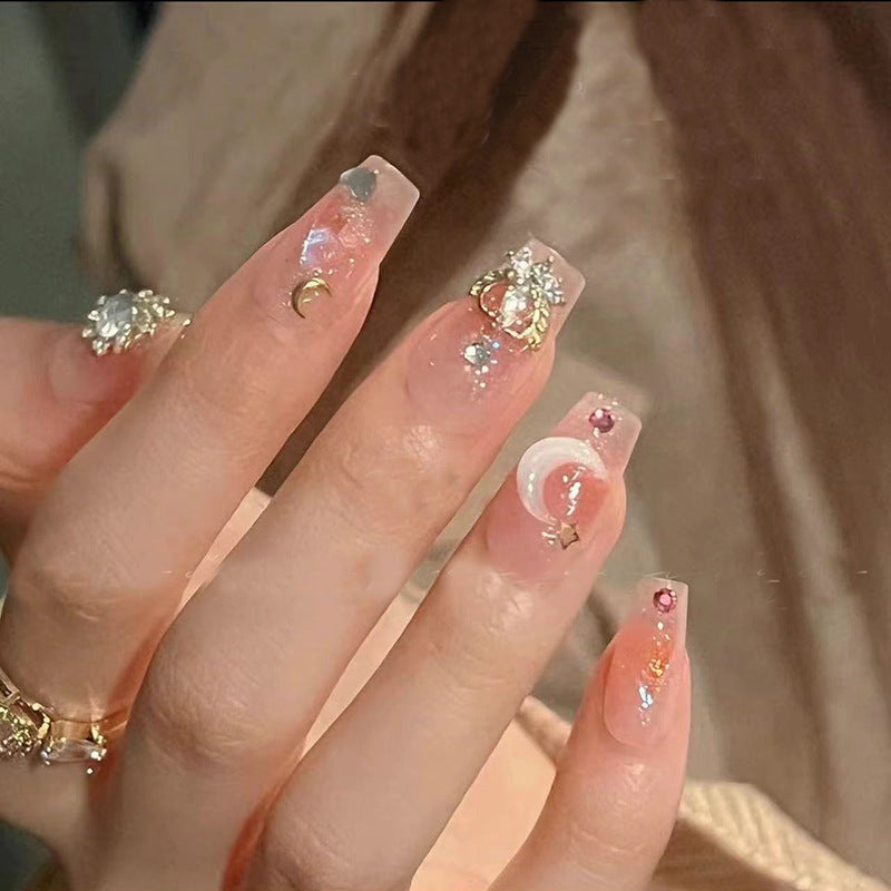 Artistic Press-On Nail Tips with Gemstone and Moon Accents Stornfield
