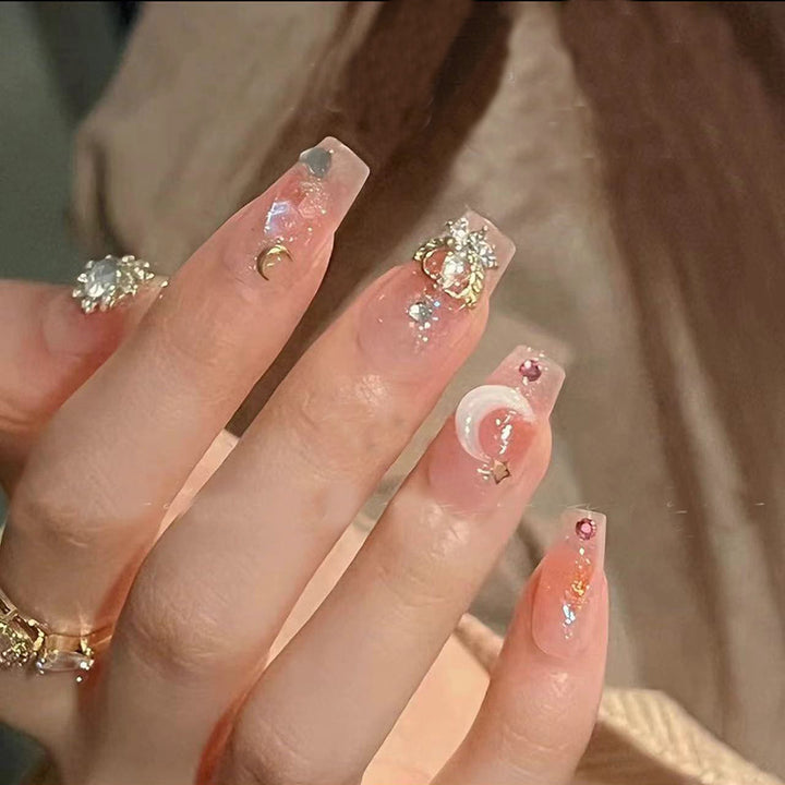 Artistic Press-On Nail Tips with Gemstone and Moon Accents Stornfield