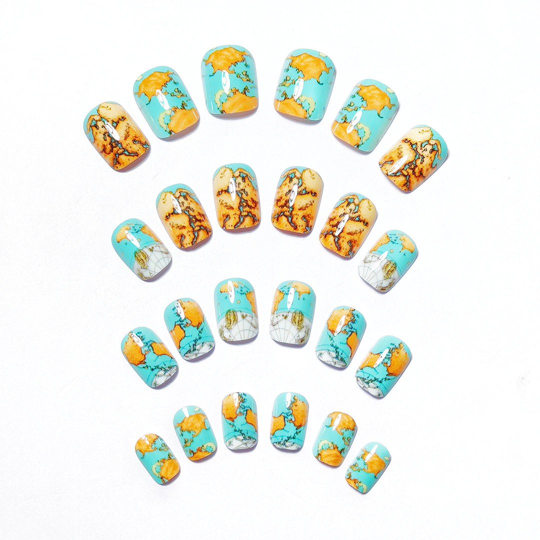 Creative artificial nails with world map inspired design Stornfield