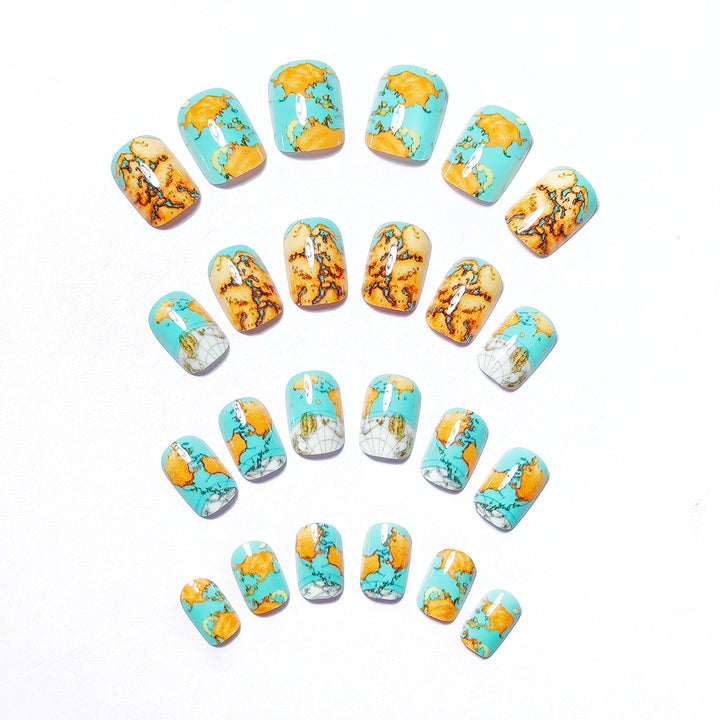 Creative artificial nails with world map inspired design Stornfield
