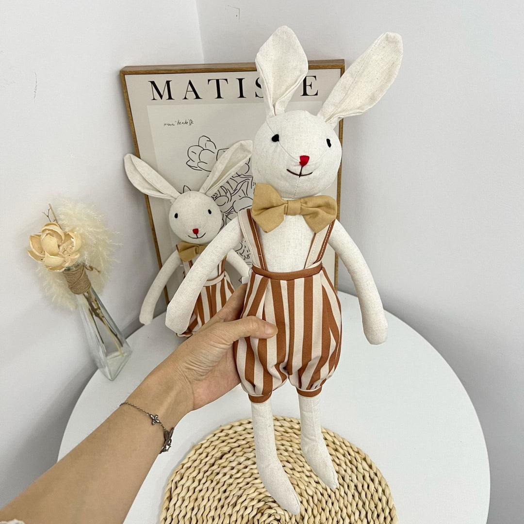 Handcrafted Floppy-Eared Linen Bunny Doll with Embroidered Face and Check Overalls