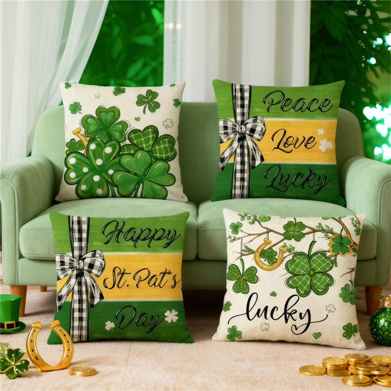 Decorative Throw Pillow Cover with Buffalo Check Bow and Shamrock Peace Love Lucky Print