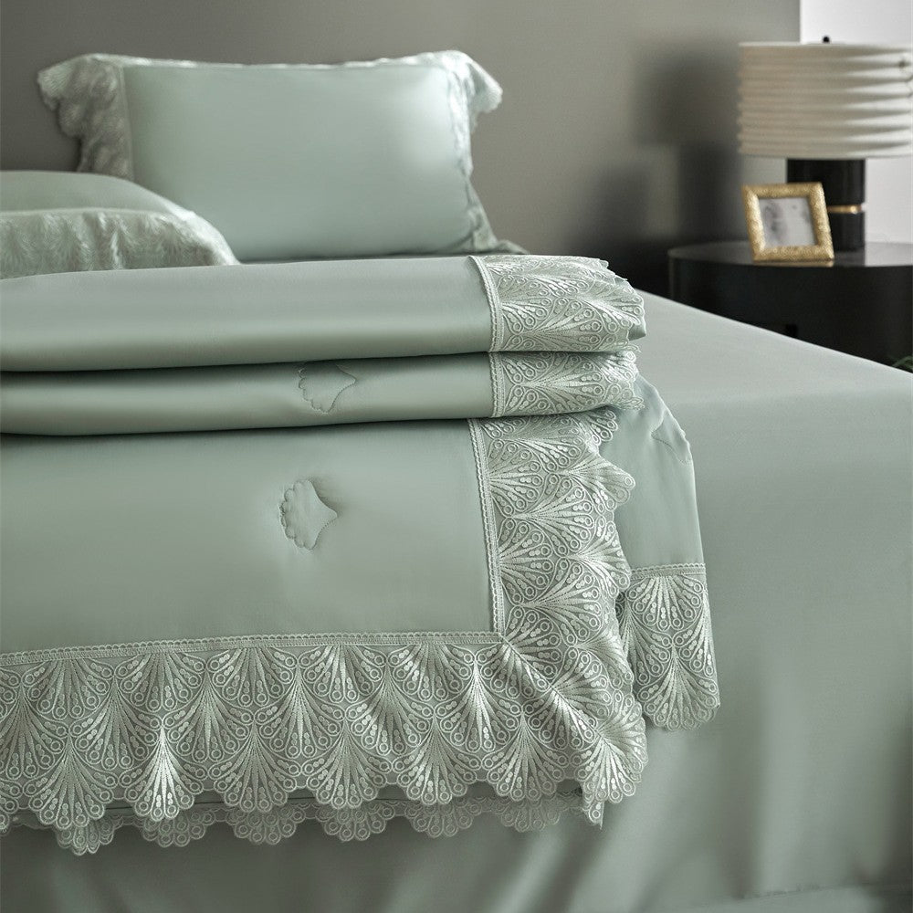 Luxurious satin bed linen set with French lace trim