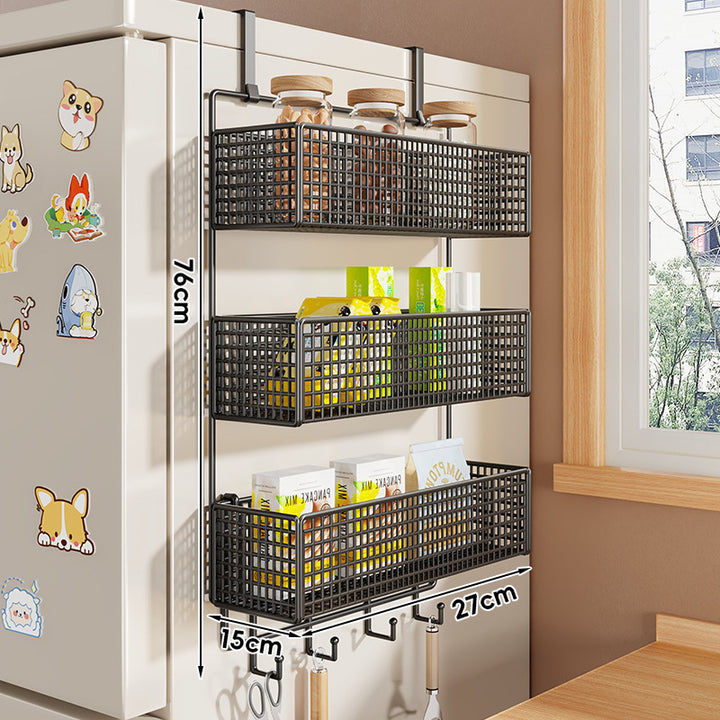 Over-Refrigerator Vertical Hanging Mesh Storage Rack with Deep Baskets and Hook Rail