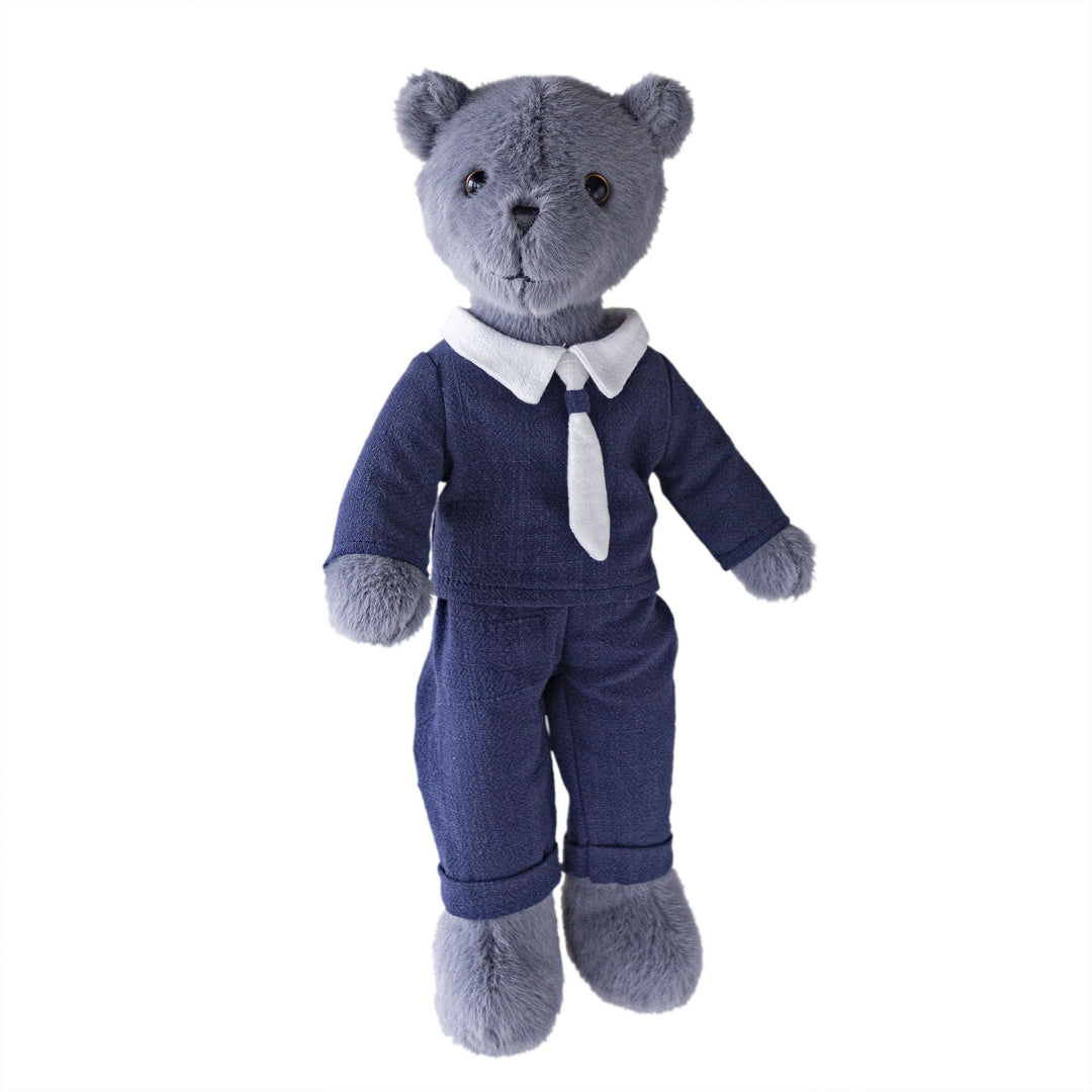 Plush Teddy Bear with Linen Dress and Peter Pan Collar